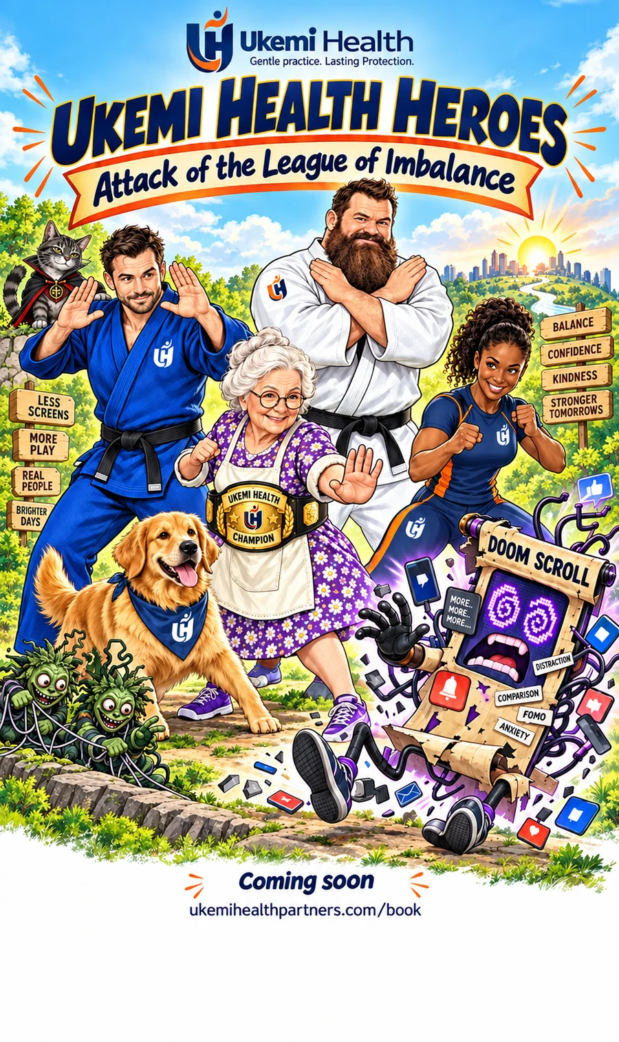 Ukemi Health Heroes ensemble facing the League of Imbalance